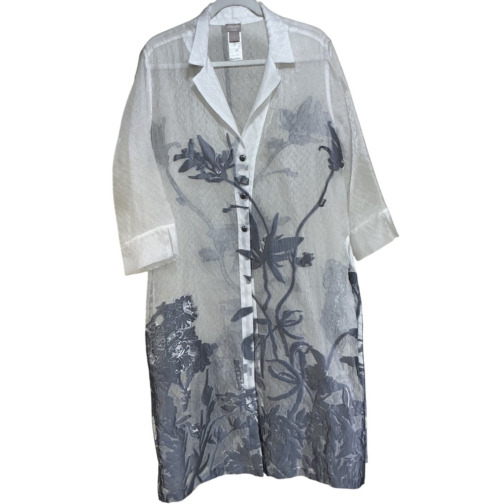 Chico's Travelers Duster Shirt Womens 2 L White Metallic Floral Sheer Ethereal